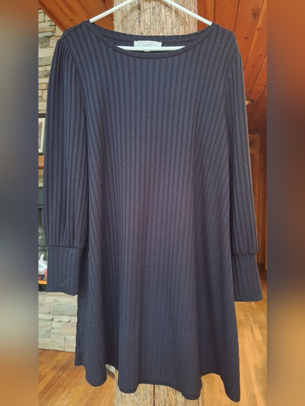 LOFT Black Ribbed Swing Long Sleeve Dress